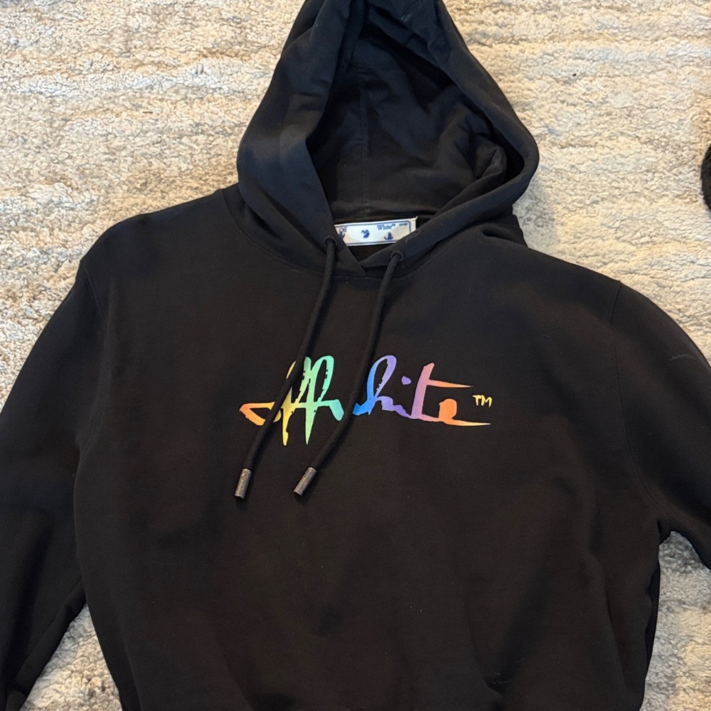 Off White Black Cropped Hoodie with Rainbow Logo